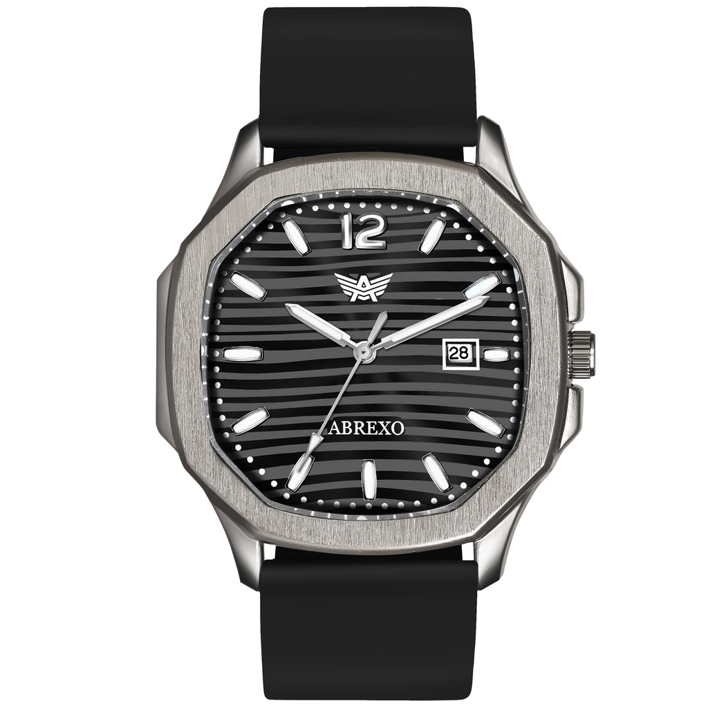 ABREXO Gun Metal Series Analog Watch For Men (Quartz, Silicone Strap, Black)