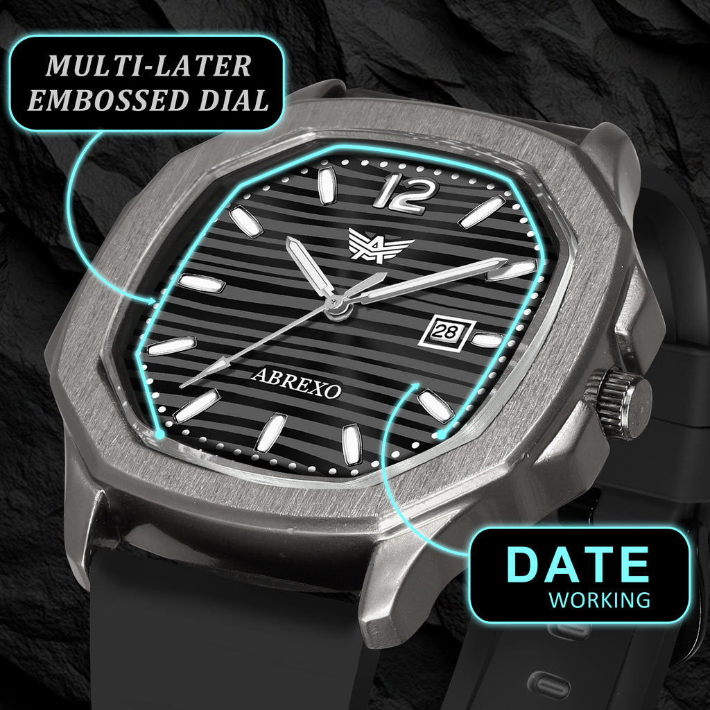 ABREXO Gun Metal Series Analog Watch For Men (Quartz, Silicone Strap, Black)