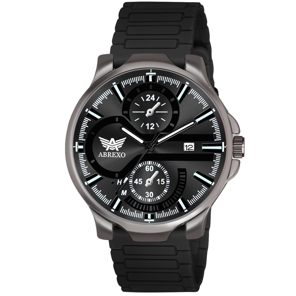 ABREXO,Gun Metal Magnetic Buckle Analog Watch For Men (Quartz, Silicone Strap, Black)