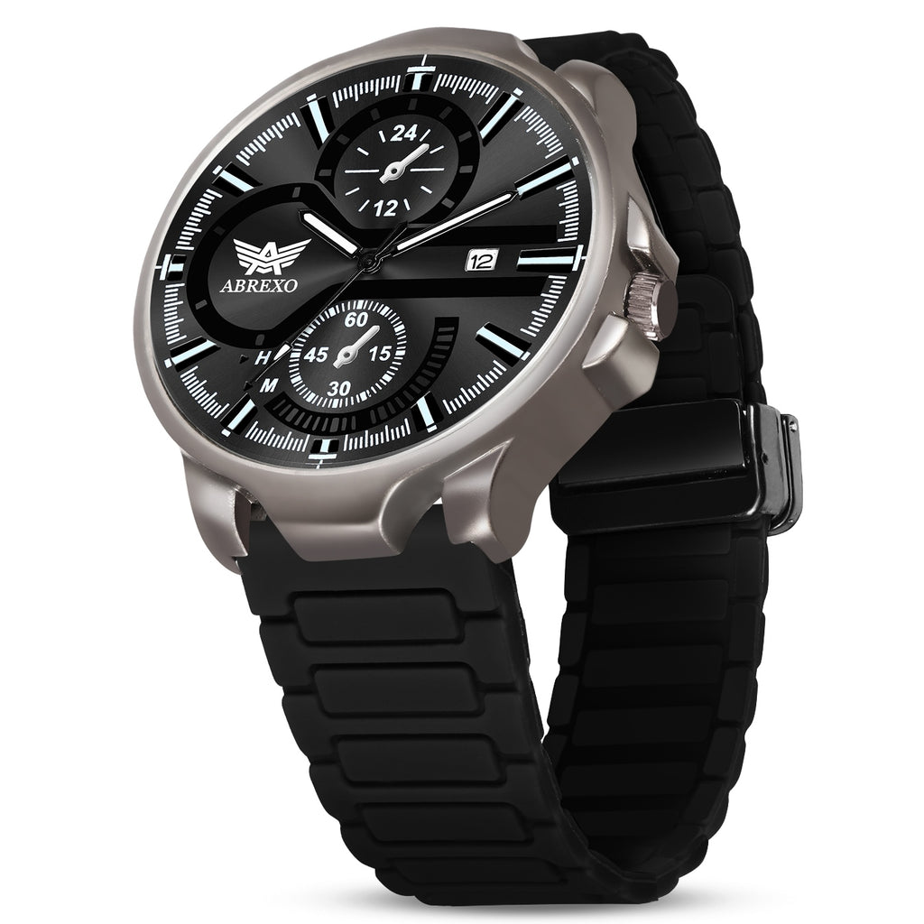 ABREXO,Gun Metal Magnetic Buckle Analog Watch For Men (Quartz, Silicone Strap, Black)