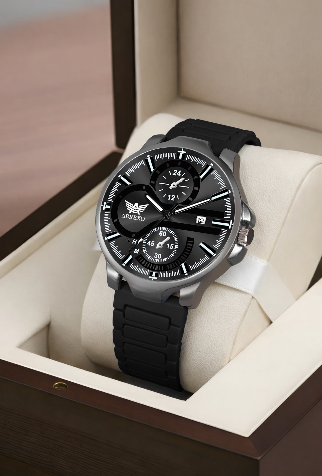 ABREXO,Gun Metal Magnetic Buckle Analog Watch For Men (Quartz, Silicone Strap, Black)